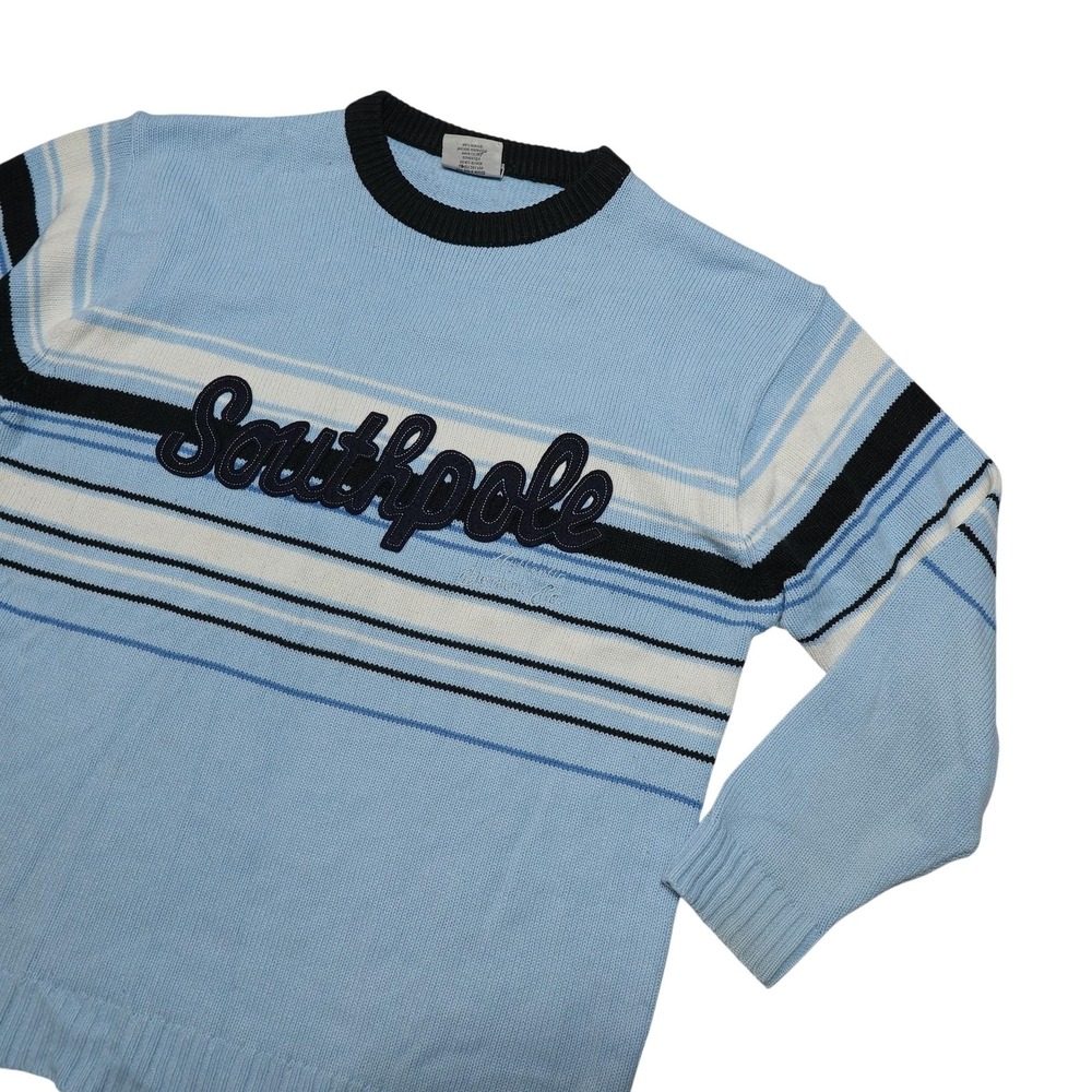 Southpole Sweater Mens 2XL Blue Acrylic Striped Crewneck Knit Pullover Logo